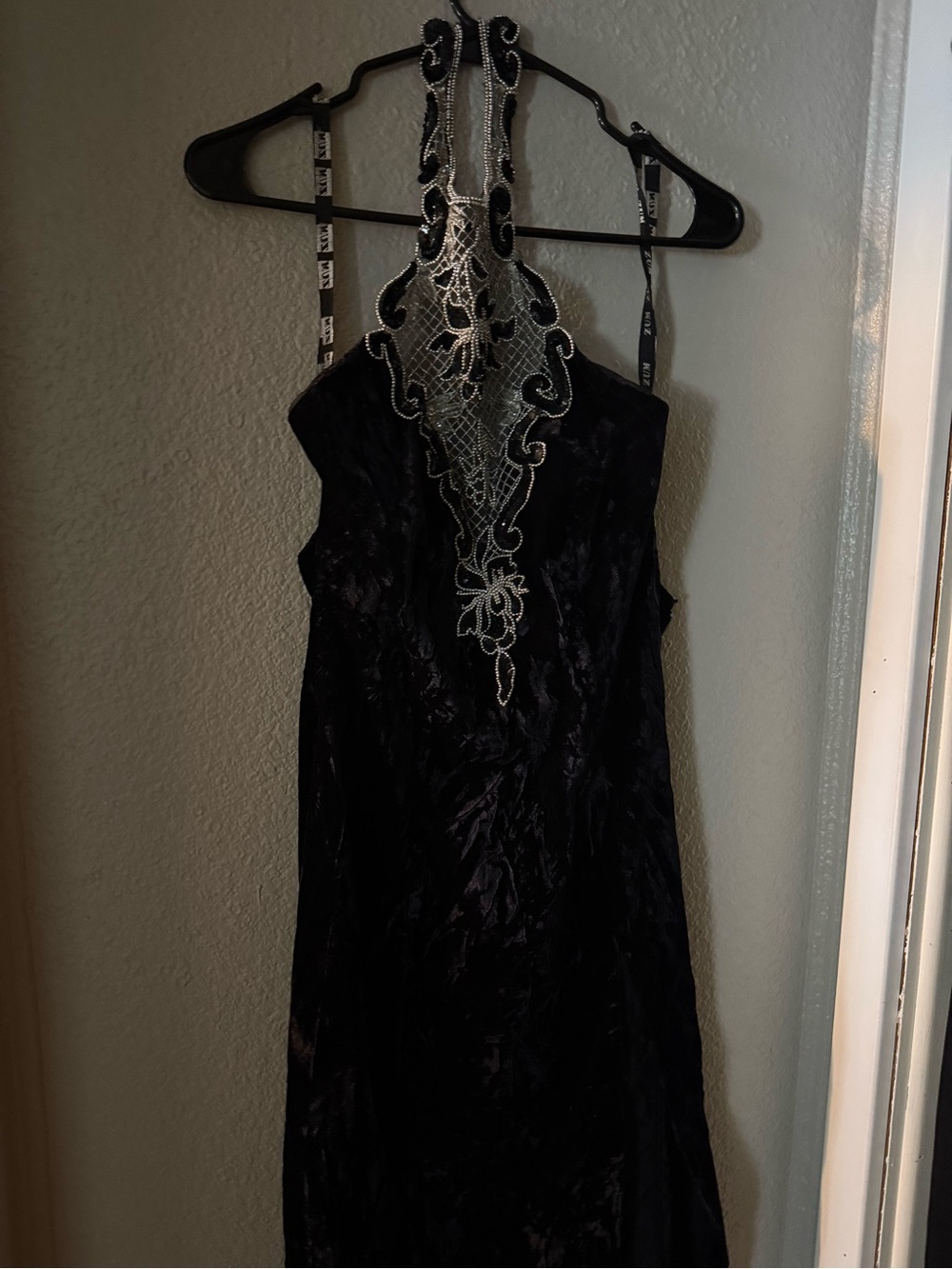 Zum Zum by Niki Livas Black One-Shoulder Velvet Dress with Silver Embellishment
